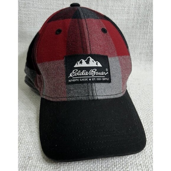 Eddie Bauer Strapback Baseball Cap Hat Black And Red Plaid - Picture 1 of 5